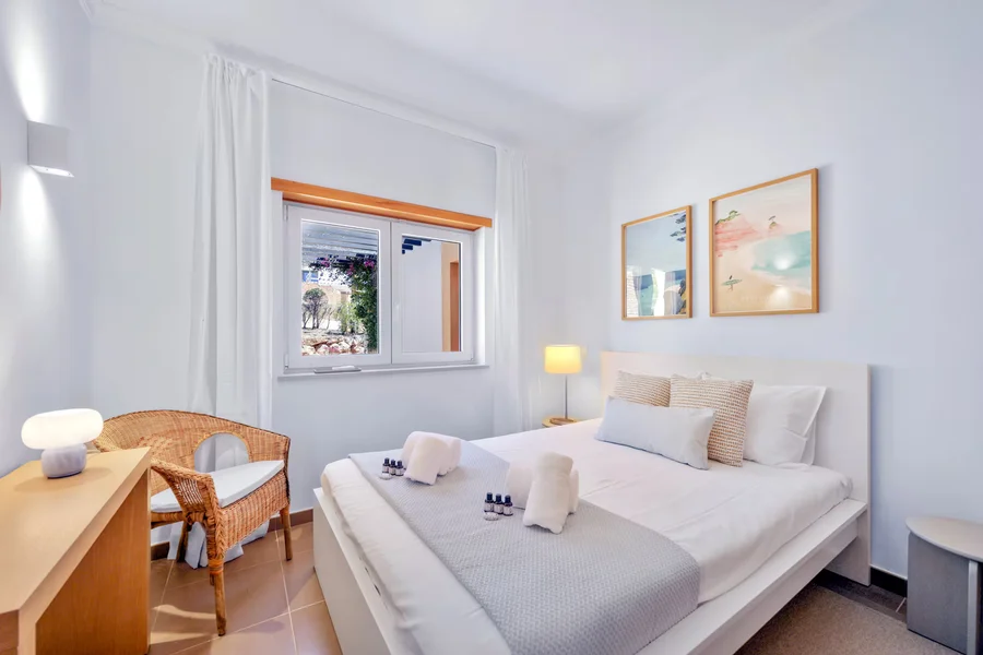 Modern master bedroom with natural light