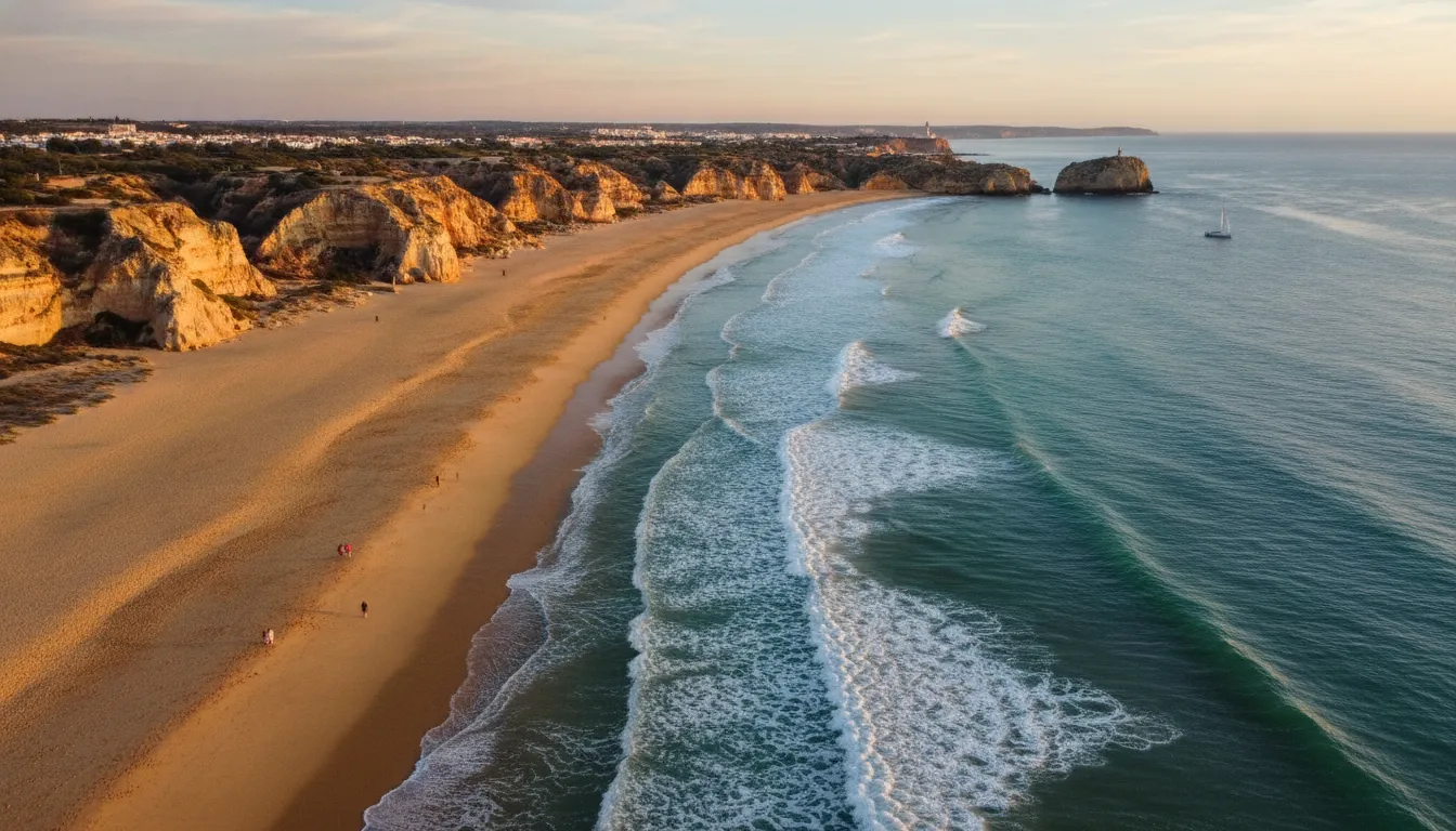 Aerial view of Meia Praia beach at golden hour