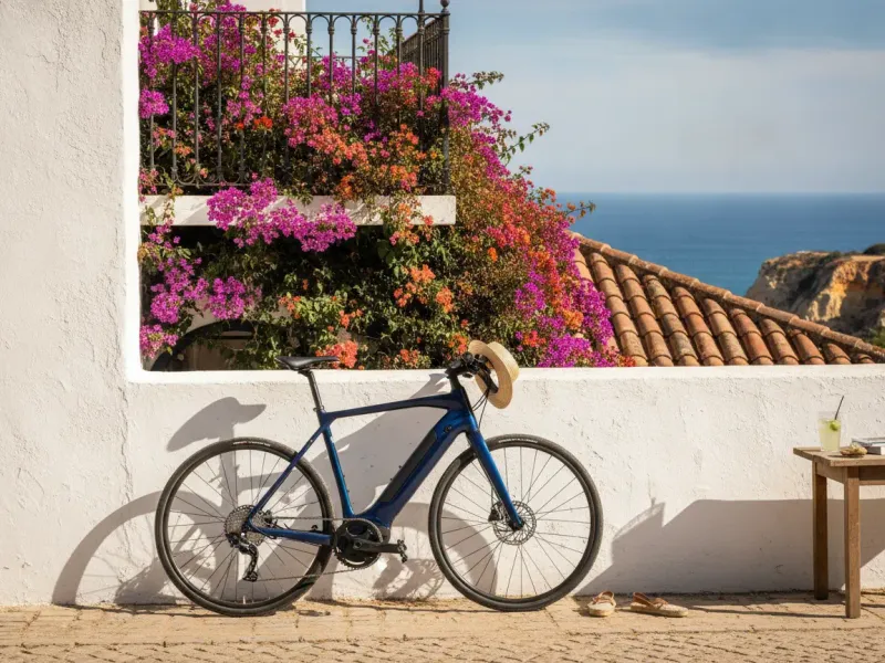 Premium e-bike against Portuguese whitewashed wall with bougainvillea