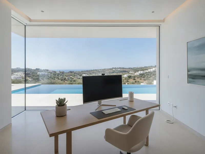Minimalist workspace with infinity pool view
