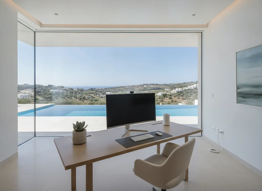 Minimalist workspace with infinity pool view